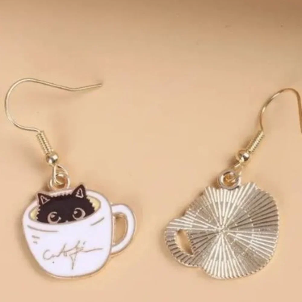 Cat Coffee Cup Dangle Earrings White Black 1.57 Inch Drop Pierced Ears New